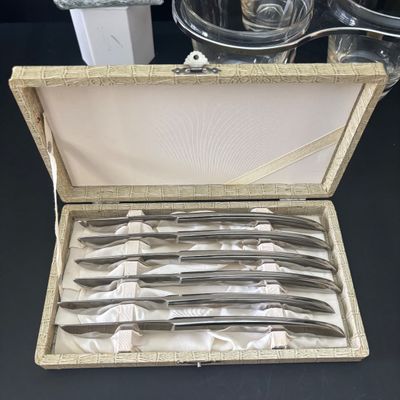 LOT 92: Vintage MCM Rotating Condiment Server, Gensico Knife Set, Crystal Hexagonal Salt/Pepper Shakers & a Pressed Glass Hobnail...