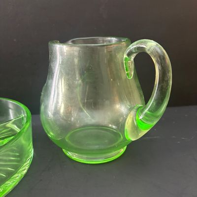 LOT 90: Vintage Green Depression Glass: "Wise Owl" Pitcher, Divided Relish Dish & Console Bowl, Iridescent Carnival Glass...