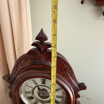 Lot 169: Antique Wooden Parlor Mantel Clock with Keys and Pendulum