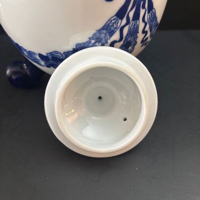 LOT 98: Vintage Bombay & Co. Cobalt Blue & White Footed Coffee Pot, "Grace" Mug, Porcelain Handle Serving Pieces &...