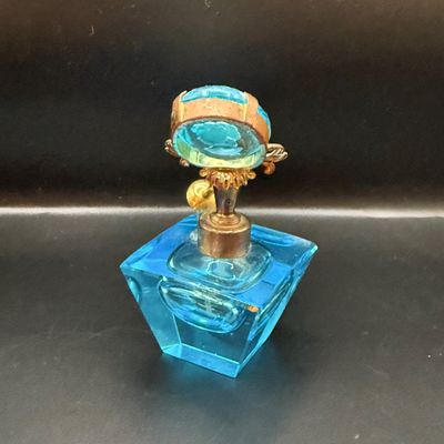 LOT 255: Amber Glass Perfume Bottler with Feather Fan Stopper, Blue Glass Cameo Perfume Atomizer and Amber Glass Bowl