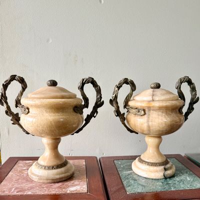 LOT 168" Set of 2 Alabaster/Onyx Faux Urns with Metal Handles