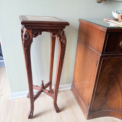 LOT 167: Set of 2 Marble Top Wood Plant Stands