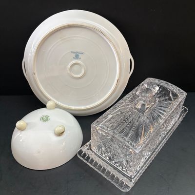 LOT 118: Large Collection of Salt Cellars, Nippon, Anchor Hocking Starlyte Cruet Set, Fifth Avenue Crystal Glass Covered Butter Dish w/...