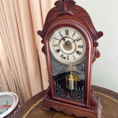 Lot 169: Antique Wooden Parlor Mantel Clock with Keys and Pendulum
