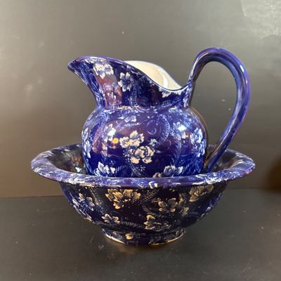 LOT 189: Blue Victoria Ware Ironstone Pitcher and Basin/Wash Bowl