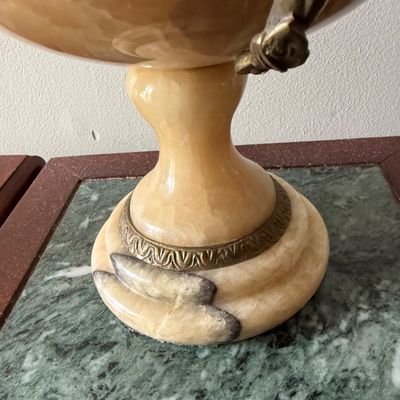 LOT 168" Set of 2 Alabaster/Onyx Faux Urns with Metal Handles
