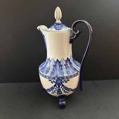 LOT 98: Vintage Bombay & Co. Cobalt Blue & White Footed Coffee Pot, "Grace" Mug, Porcelain Handle Serving Pieces &...
