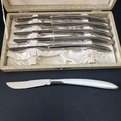 LOT 92: Vintage MCM Rotating Condiment Server, Gensico Knife Set, Crystal Hexagonal Salt/Pepper Shakers & a Pressed Glass Hobnail...