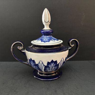 LOT 97: Bombay & Company Arabesque Cobalt Blue & White Teapot, Sugar Bowl, Creamer