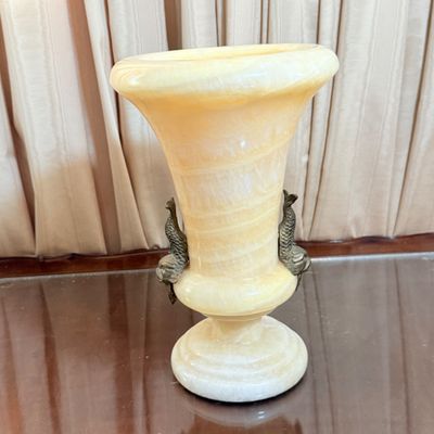 LOT 173: Vintage Carved Onyx Vase with Metal Koi Handles