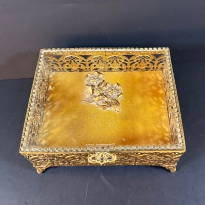 LOT 244: Hollywood Regency Style Filigree Vanity Mirror and Jewelry Box with Glass Lid and Acrylic Cubed Table Lamps