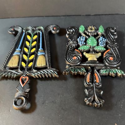 LOT 1: Vintage Large Wide Mouth Glass Jars, Cast Iron Match Dispenser, Cast Iron Pennsylvania Dutch Style Trivets and Cast Iron Hook