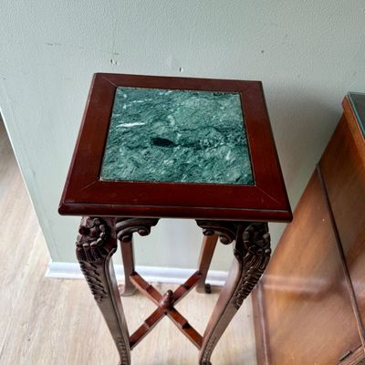 LOT 167: Set of 2 Marble Top Wood Plant Stands