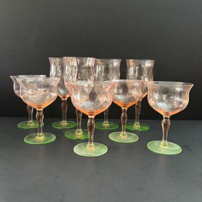 LOT 105: Vintage Pink "Watermelon" & Uranium Depression Stemware