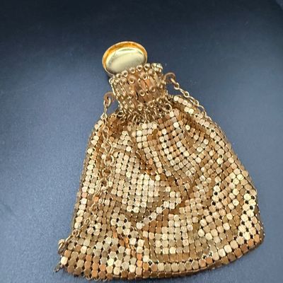 LOT 253: Antique Whiting and Davis Goldtone Metal Mesh Ring Purse, Antique Black Satin Opera Gloves and Embroidered Handkerchiefs