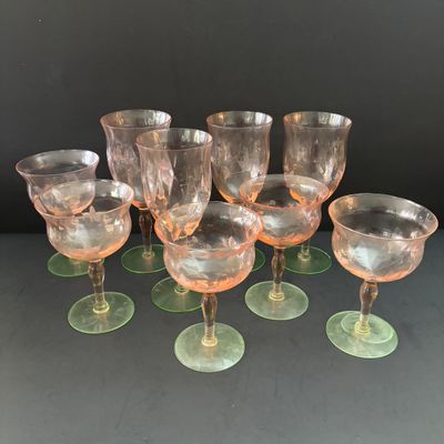 LOT 105: Vintage Pink "Watermelon" & Uranium Depression Stemware