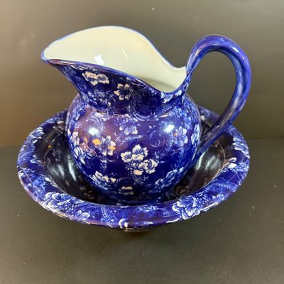 LOT 189: Blue Victoria Ware Ironstone Pitcher and Basin/Wash Bowl