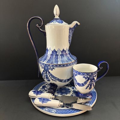 LOT 98: Vintage Bombay & Co. Cobalt Blue & White Footed Coffee Pot, "Grace" Mug, Porcelain Handle Serving Pieces &...
