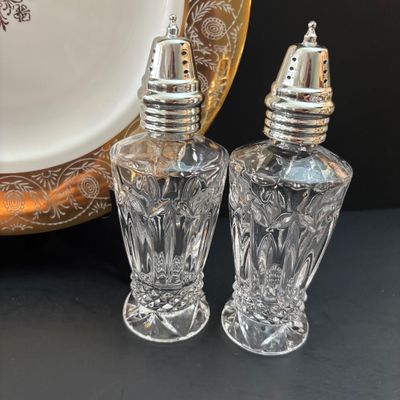 LOT 118: Large Collection of Salt Cellars, Nippon, Anchor Hocking Starlyte Cruet Set, Fifth Avenue Crystal Glass Covered Butter Dish w/...
