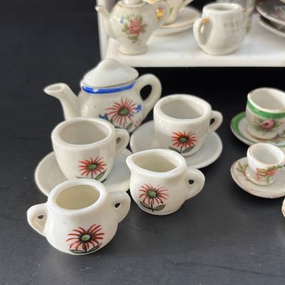 LOT 112: Collection of Miniature Tea Sets, Animals, Pewter Animals and a Vintage Moriage Satsuma=style Porcelain Horse & Carriage...