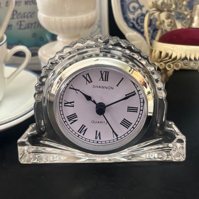 LOT 115: Shannon Crystal Clock, Milk Glass Miniature Urn, Hand-made Folk Art Pin Cushion, BOAC Teacups & More
