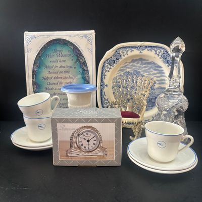 LOT 115: Shannon Crystal Clock, Milk Glass Miniature Urn, Hand-made Folk Art Pin Cushion, BOAC Teacups & More