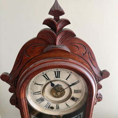 Lot 169: Antique Wooden Parlor Mantel Clock with Keys and Pendulum