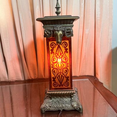 LOT 175: Hollywood Regency Style Metal and Glass Table Lamp with Cast Metal Ram's Head