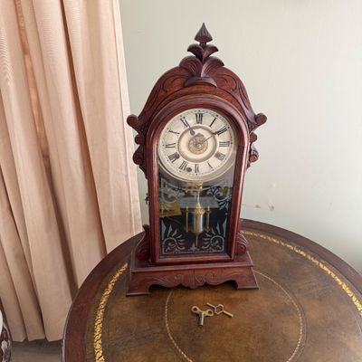 Lot 169: Antique Wooden Parlor Mantel Clock with Keys and Pendulum
