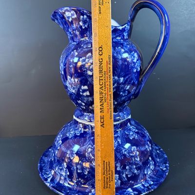 LOT 189: Blue Victoria Ware Ironstone Pitcher and Basin/Wash Bowl