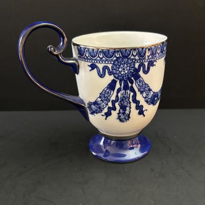 LOT 98: Vintage Bombay & Co. Cobalt Blue & White Footed Coffee Pot, "Grace" Mug, Porcelain Handle Serving Pieces &...