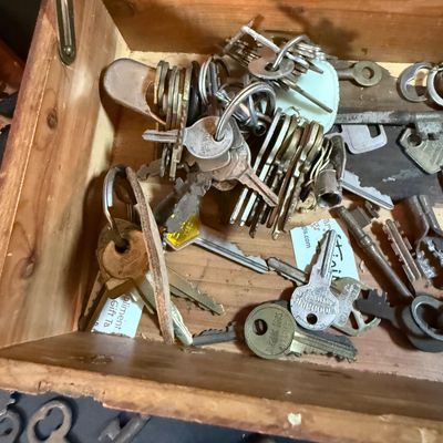 LOT 246: Large Collection of Keys on a Wooden Board and In a Wooden Box