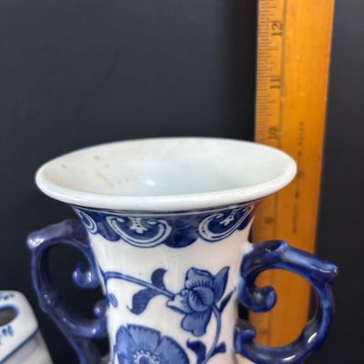 LOT 96: Blue & White Collection: Soup Tureen& Under Plate, Flower Frog, Electric Teapot, Home Accents Vase, Hexagonal Flower...