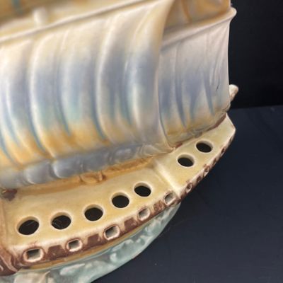 LOT 87: Vintage Czechoslovakian Ceramic Sailing Ship Flower Frog Vase