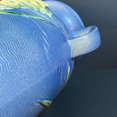 LOT 187: Large Vintage Roseville Blue Freesia Pattern Vase with Handles/Urn