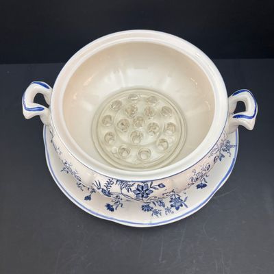 LOT 96: Blue & White Collection: Soup Tureen& Under Plate, Flower Frog, Electric Teapot, Home Accents Vase, Hexagonal Flower...