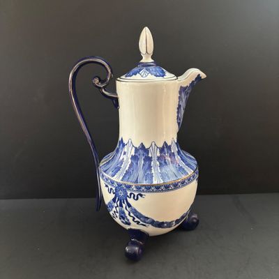 LOT 98: Vintage Bombay & Co. Cobalt Blue & White Footed Coffee Pot, "Grace" Mug, Porcelain Handle Serving Pieces &...