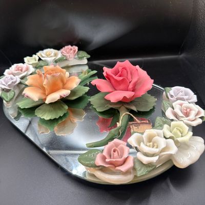 LOT 260: Set of 2 Capodimonte Porcelien Roses on a Mirrored Vanity Tray with Ceramic Roses