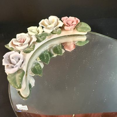 LOT 260: Set of 2 Capodimonte Porcelien Roses on a Mirrored Vanity Tray with Ceramic Roses
