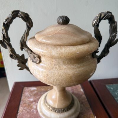 LOT 168" Set of 2 Alabaster/Onyx Faux Urns with Metal Handles