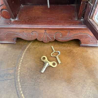 Lot 169: Antique Wooden Parlor Mantel Clock with Keys and Pendulum