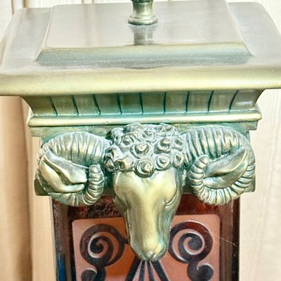 LOT 175: Hollywood Regency Style Metal and Glass Table Lamp with Cast Metal Ram's Head