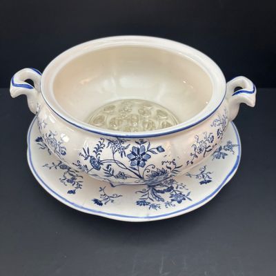 LOT 96: Blue & White Collection: Soup Tureen& Under Plate, Flower Frog, Electric Teapot, Home Accents Vase, Hexagonal Flower...