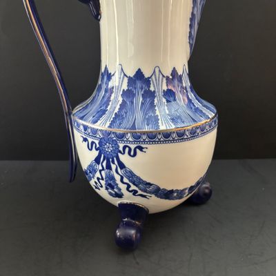 LOT 98: Vintage Bombay & Co. Cobalt Blue & White Footed Coffee Pot, "Grace" Mug, Porcelain Handle Serving Pieces &...