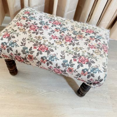 172: Vintage Wooden Corner Shelf, Bookcase, and Upholstered Footstool Set