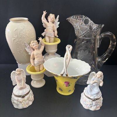 LOT 93: Antique Reflection by I. Godinger & Co. Porcelain Butterfly Basket, Lenox Masterpiece Collection Vase, Pedestal Urn Vases,...