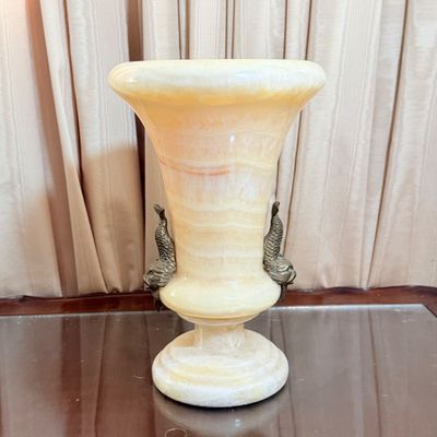 LOT 173: Vintage Carved Onyx Vase with Metal Koi Handles
