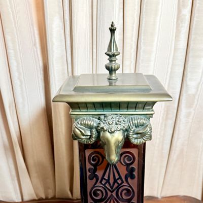 LOT 175: Hollywood Regency Style Metal and Glass Table Lamp with Cast Metal Ram's Head