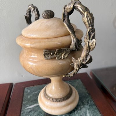 LOT 168" Set of 2 Alabaster/Onyx Faux Urns with Metal Handles